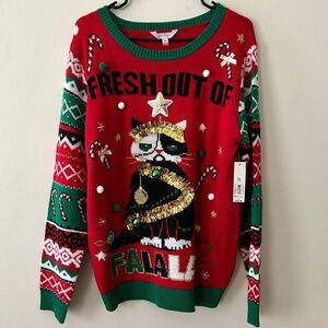 Grumpy Cat Ugly Christmas Sweater “Fresh Out of FALALAS” Jingle Bells XL Women
